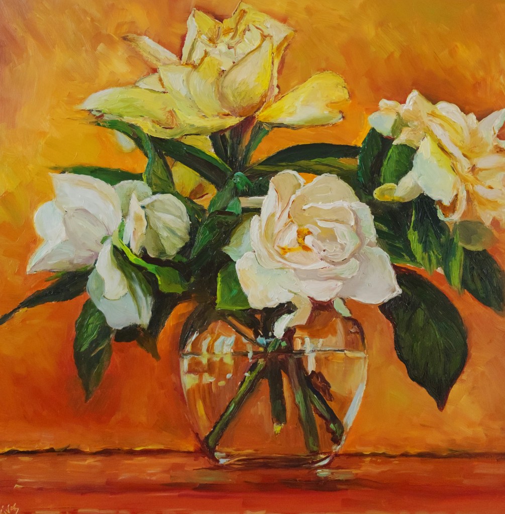 Gardenia 40x40cm Oil on Birch Panel Framed in light oak