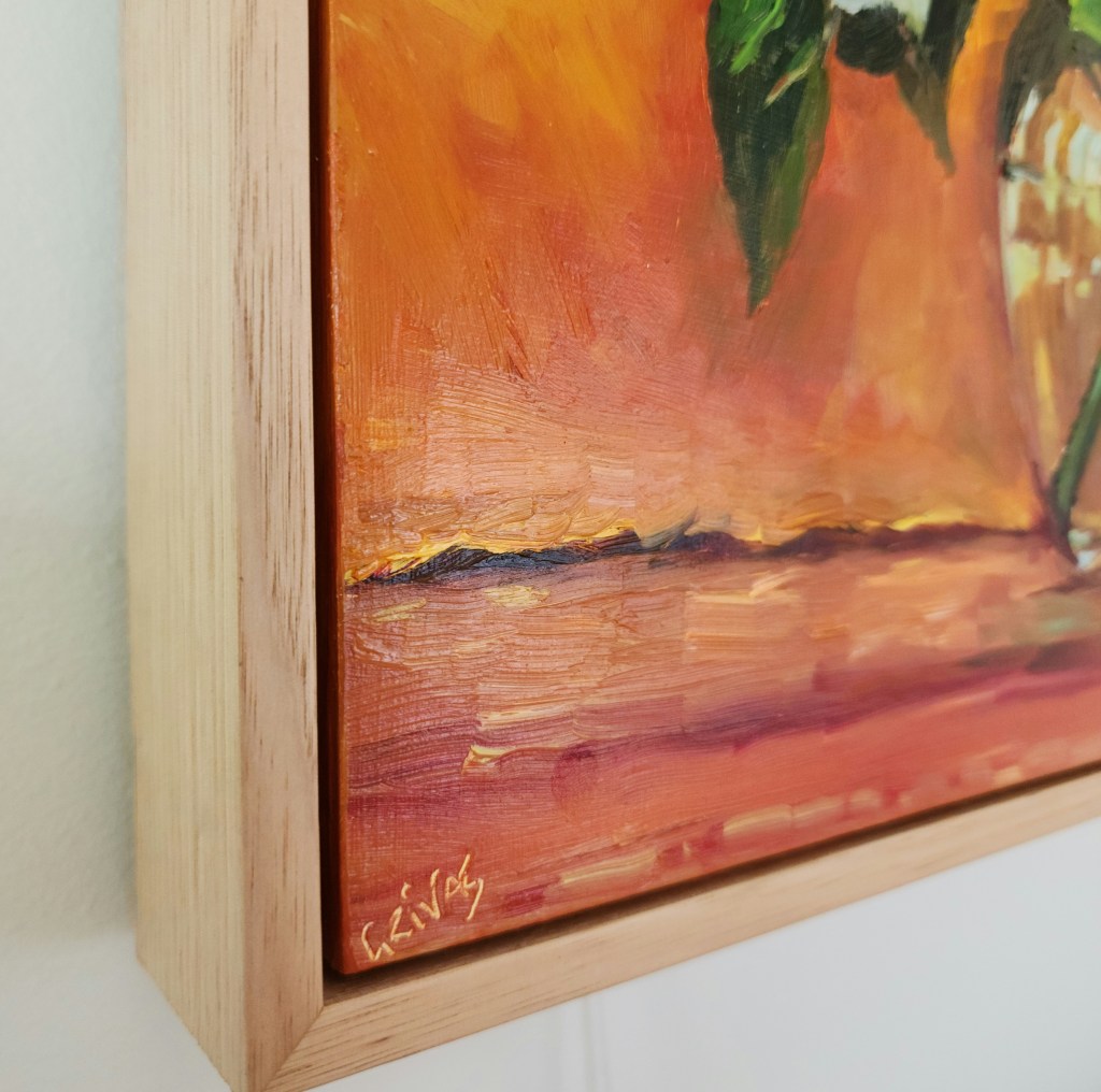 Gardenias from the garden. 40x40cm Oil on Birch panel Framed in light oak