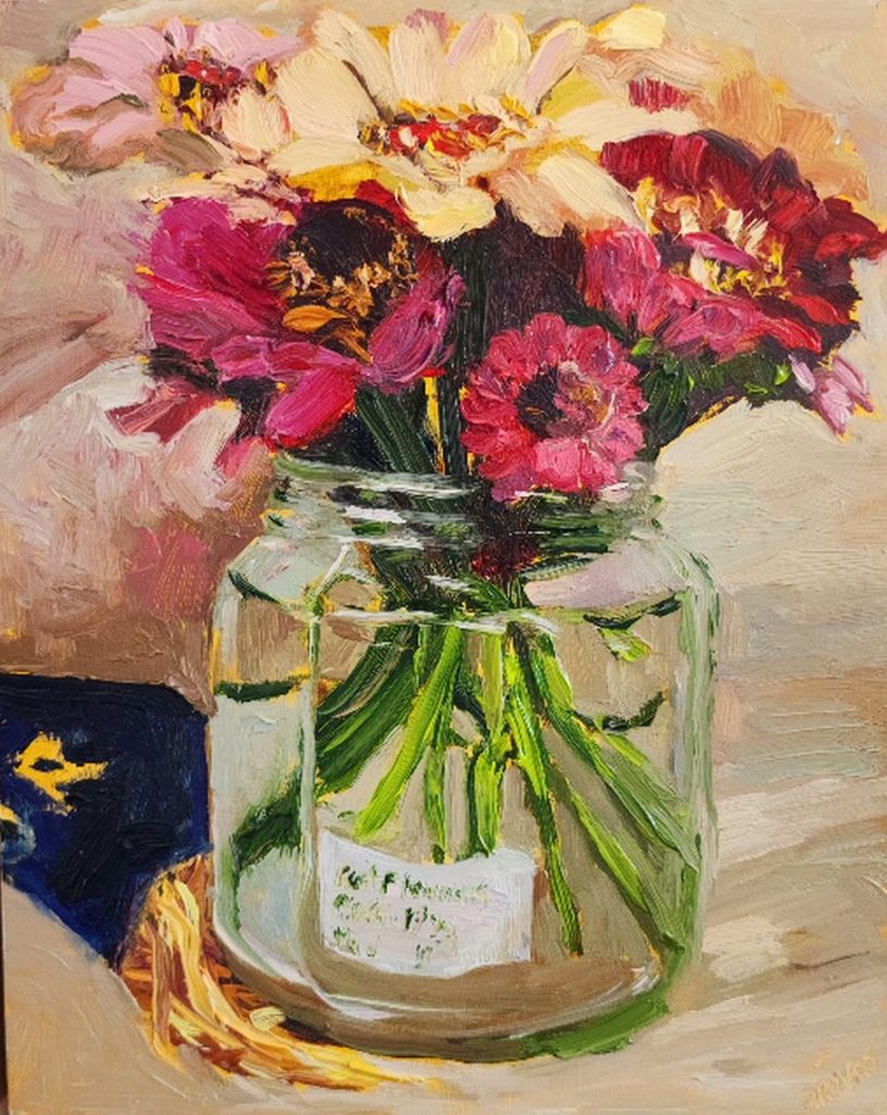 Oil painting of flowers from the garden of a young child arranged in a glass jar, zinnias, echinacea flowers.