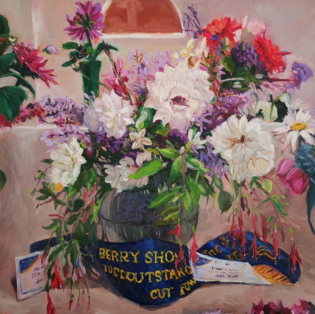 Oil painting of A magnificent , overflowing arrangement of white and soft pink blush roses, spilling fine fushias and white jonquils. Outstanding Cut Flowers at Berry Show 2025