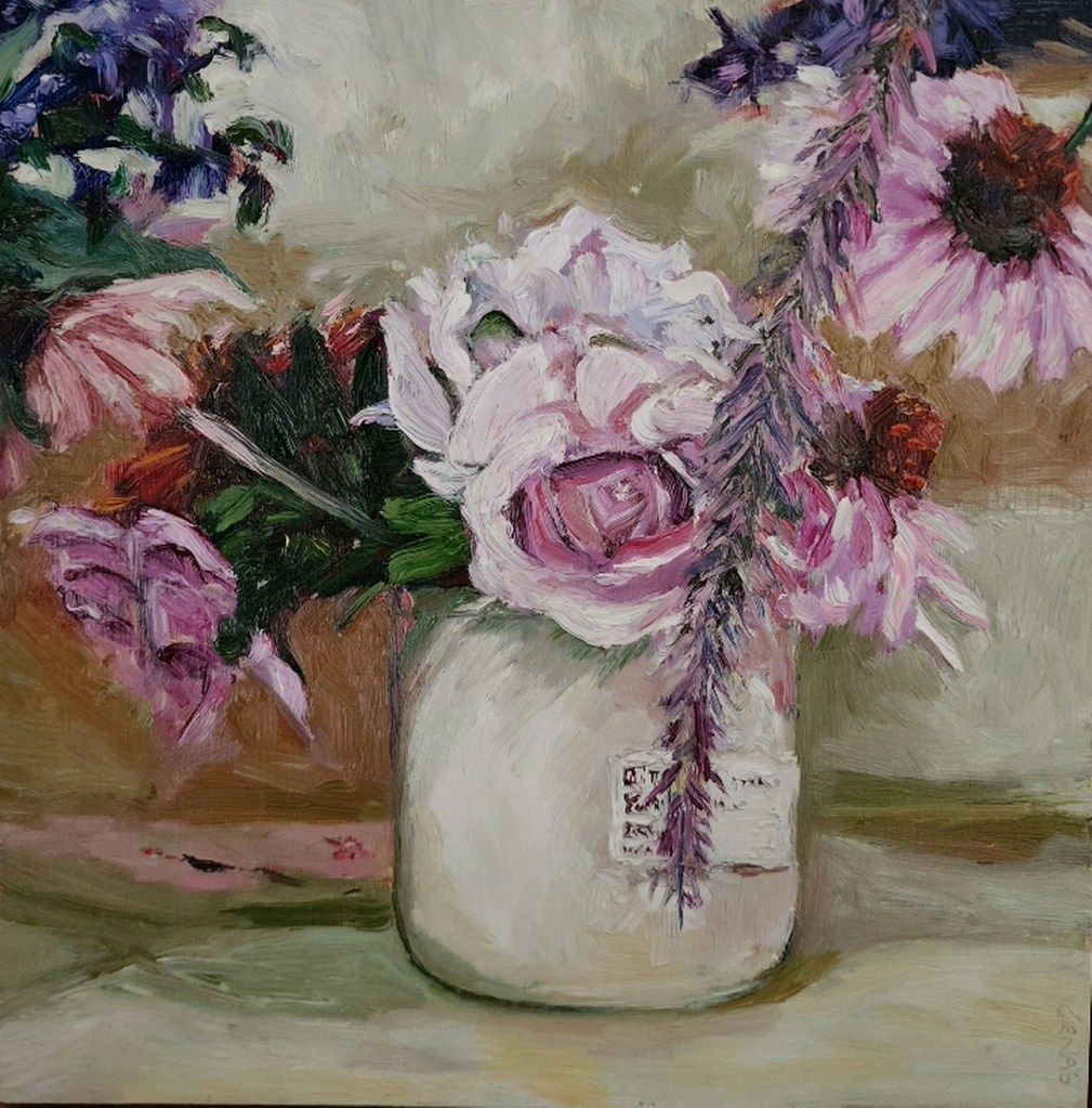 Oil painting of Soft pink Roses in a squat white jug edged with pink echinacea, Adult section, 'Cut Flowers' at Berry Show2025.