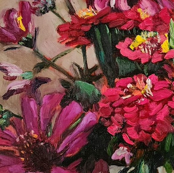 An oil painting of Hot Pink Echinacea , red, orange and magenta zinnias arranged as a wild and energetic bunch in a tall white cylindrical vase .Adult Section, 'Cut Flowers' a= entered at Berry Show 2025
